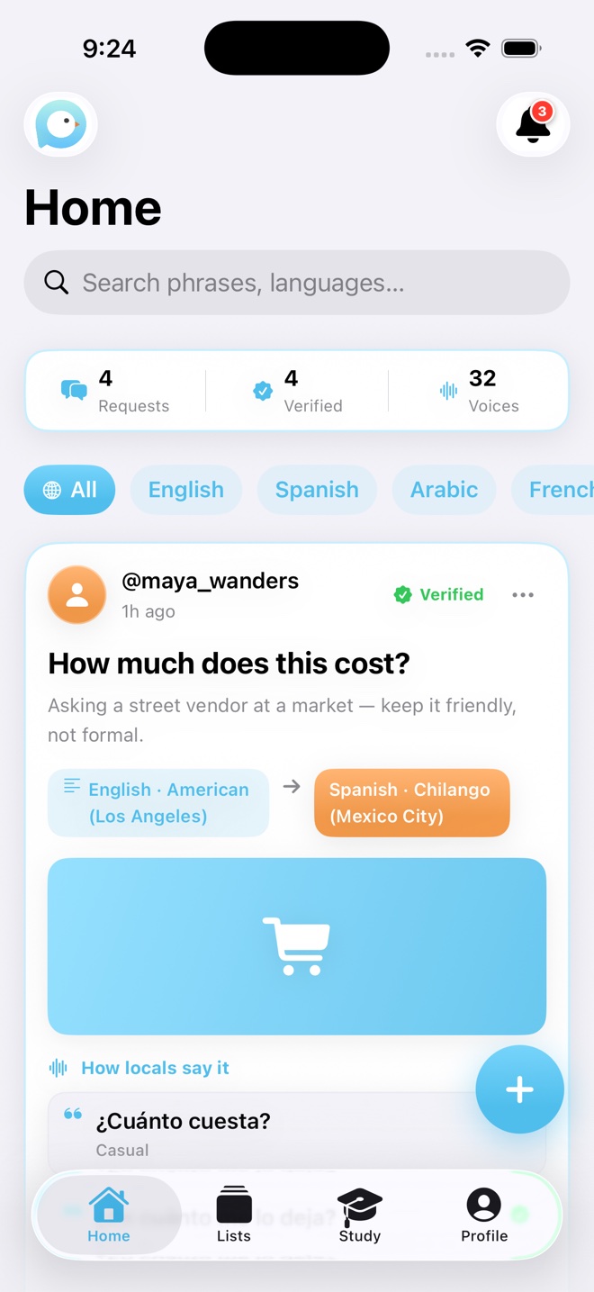 The PhraseShare home feed. A request from @maya_wanders to translate “How much does this cost?” — noted as asking a street vendor at a market, friendly not formal — from English · American (Los Angeles) into Spanish · Chilango (Mexico City), with the local phrasing ¿Cuánto cuesta? tagged Casual.