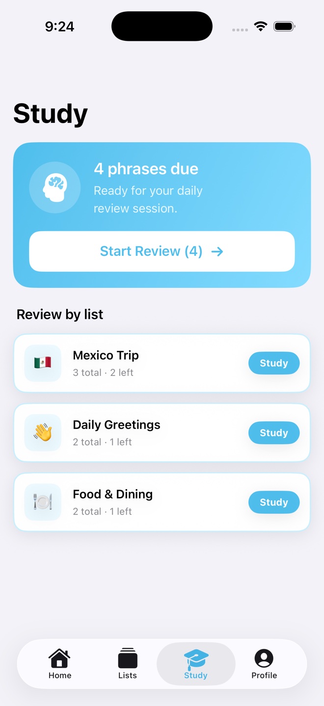 The Study screen showing four phrases due for review, a Start Review button, and lists to review by: Mexico Trip, Daily Greetings, and Food & Dining.